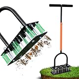 Lawn Aerator - Aerator Lawn Tool, Automatic Dirt and Leaf Clean Design, Heavy Duty Manual Lawn Aerator Tool with 15 Iron Spikes, Height Adjustable, Yard Grass Aerator for Lawn (Black with Orange)