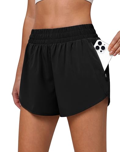 SAFWAK Women's 3" High Waisted Running Shorts Quick Dry Dolphin Sporty Athletic Gym Track Shorts for Women with Zipper Pocket Black, M