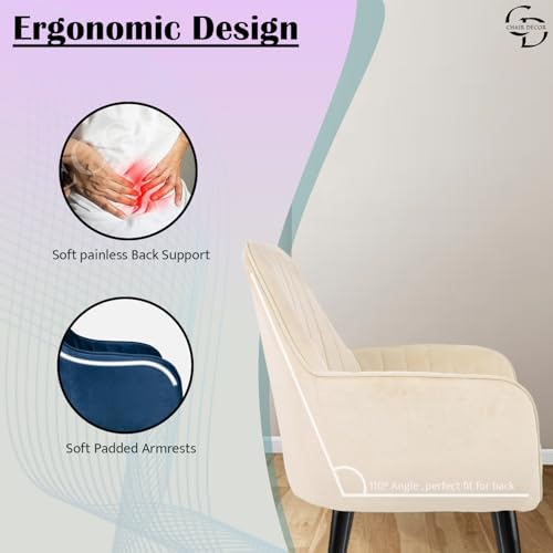 Image of Velvet Accent Chair | Luxury Upholstered Armchair with Sturdy Metal Legs | Modern Comfortable Chair for Living Room, Bedroom, Office, or Cafe (Black Legs, White)