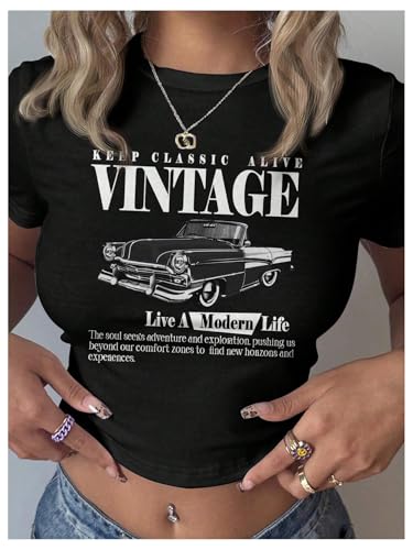 SOLY HUX Women's Graphic Tees Letter Car Print Crop Tops Short Sleeve Crew Neck Summer T Shirt4