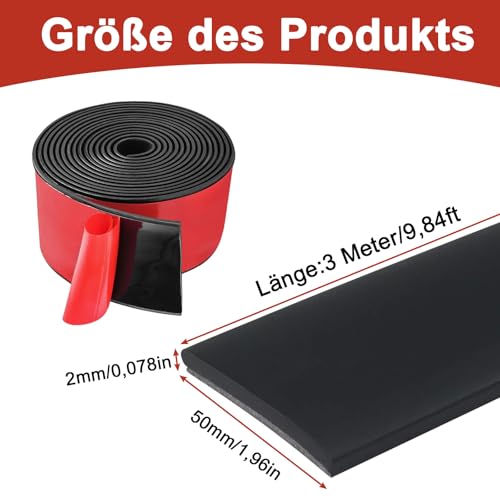 Gummistreifen Selbstklebend, (50mm x 2mm x 3m) Vollgummi Gummiprofil, Neoprenmatten Gummiplatten, für Stoßdämpfung, Abdeckung, Schwarz