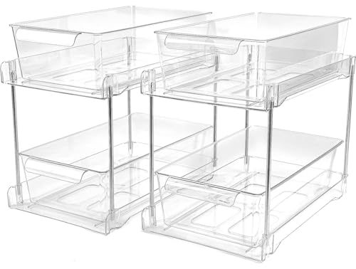 Image of 2Pack 2-Tier Bathroom Storage Organizer, Clear Under Sink Organizers Kitchen Vanity Counter Storage Container, Medicine Cabinet Drawers Bins, Pull-Out Organization with Track for Pantry