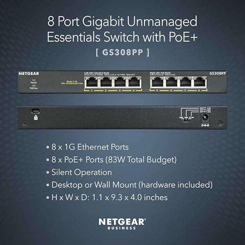Image of NETGEAR 8-Port PoE+ Gigabit Ethernet Unmanaged Essentials Switch (GS308PP) - with 8 x PoE+ @ 83W,Desktop or Wall Mount,(Pack of 5)