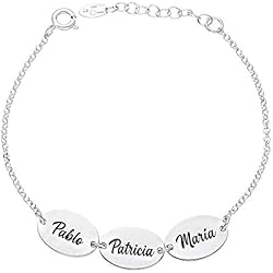 Pulseras Con Medalla Para Grabar doble aro - Pulsera Personalizada con Nombres de tu familia. Pulsera de Plata de Ley adaptable. Regalo para madre, abuela, amigas, aniversario, cumpleaños. Pulsera perfecta para regalo original