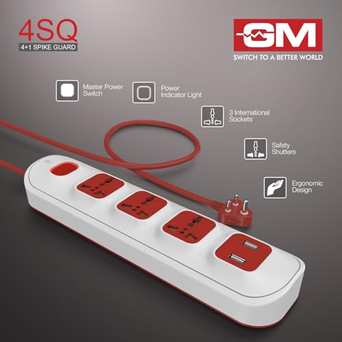 Image of GM 3251 4 Way Extension Board with 2 USB Port | Safety Shutter |for Power Requirements Up to 1440W |1.5 Mtr ISI Certified Copper Wire| LED Indicator | Rating -6A, 240V | Home & Office Use, 10 Volts