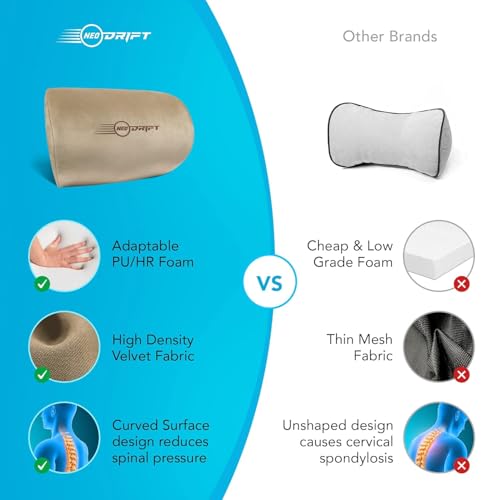 Image of Neodrift 'CurveNeck' - Neck Rest Cushion Orthopedic Velvet Memory Foam Pillow for Neck, Head, Shoulder Support - Pain Relief for Car, Set of 2 (Colour-Beige)