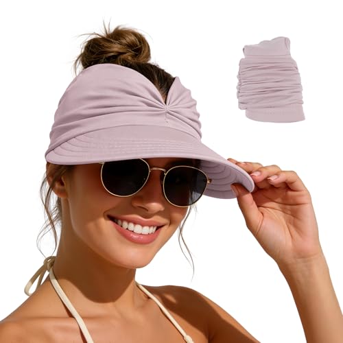 Zando Pink Sun Visor Hats for Women - Beach Wide Brim Fashion Hat With Ponytail UV Protection Quick Dry Lightweight Open Top Summer Cap for Travel Vacation Golf Tennis Casual One Size