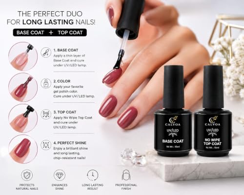 Image of No Wipe Gel Top Coat And Base Coat Set - Soak Off Led Nail Lamp Gel Base Top Coat Finish Nail Art Design For Women 2 PCS (15ML)