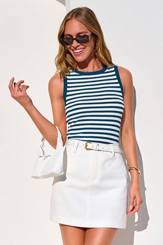Image of PRETTYGARDEN Summer High Neck Striped Tank Tops for Women Casual Sleeveless Sweaters Basic Ribbed Knit Slim Fitted Shirts