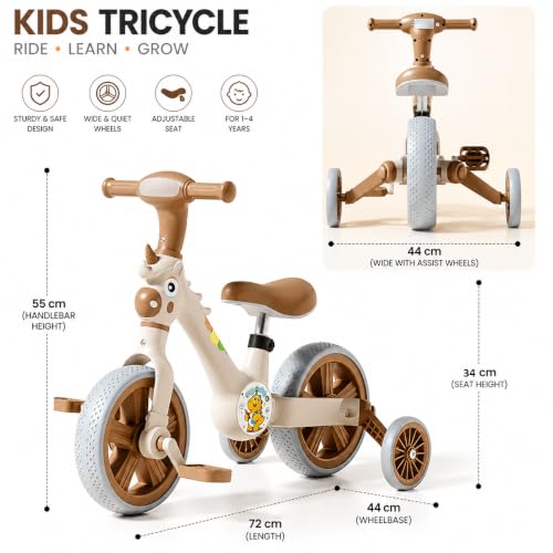 Image of 3-in-1 Kids Tricycle with Music & LED Light | Convertible Tricycle to Balance Bike | Ride-On Cycle for Kids10 Months to 3 Years (Brown)