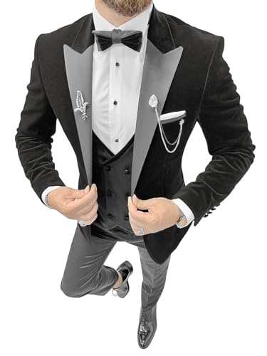 Tuxedo for Men 3 Piece One Button Blazer Double Breasted Vest Men Slim Fit Wedding Velvet Suit for Men Wedding with Tie