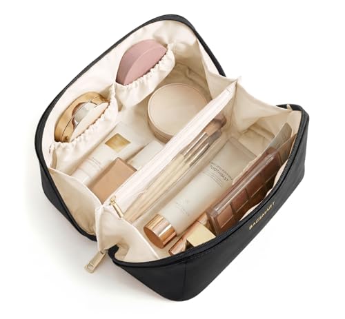 BAGSMART Travel Makeup Bag Flat Lay Make Up Case PU Leather Waterpoof Cosmetic Organiser with Clear Pocket for Brushes Small Toiletry Bag with Handle Essential for Women Black