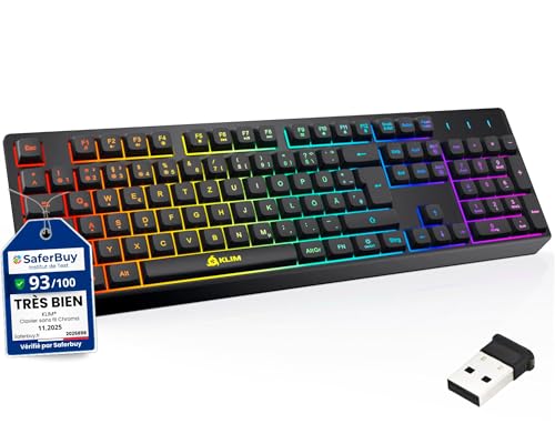 KLIM Chroma Clavier sans Fil Gamer QWERTZ Deutschland + Fin, Durable, Ergonomique, Discret, Waterproof, Silencieux + Clavier Gamer rétroéclairé pour PC Mac...