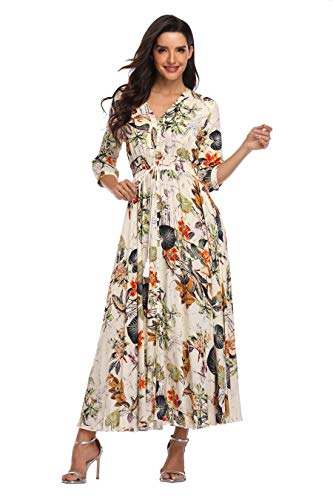 Summer Floral Print Maxi Dress Women Button Up Split Long Flowy Bohemian Beach Party Dresses2