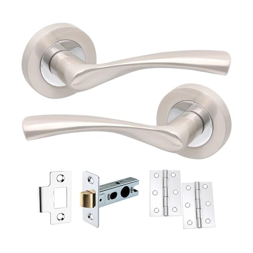 Infinity Decor Pack of Dual Tone Twisted Lever Door Handles with Pair of 3” Butt Hinges and 2.5” Tubular Latch Set – Interior Pull Handles Ideal for Interior and Exterior use