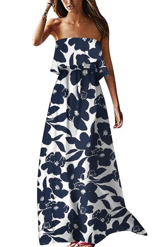 Image of ZMPSIISA Women's Summer Off The Shoulder Maxi Dress Ruffle Strapless Blue White Porcelain Boho Casual Loose Long Dresses