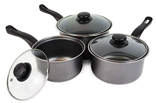 Non Stick Saucepan Set of 3 Premium Kitchen Cooking Graphite Saute Pans with Glass Lids Inner Coated 3 Sizes 16cm, 18cm & 20cm Everyday Cooking Essential - Image 4
