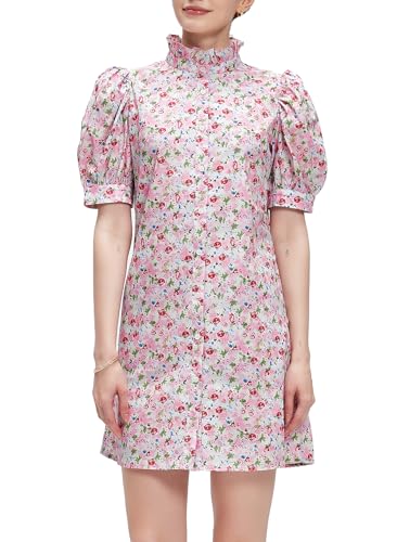 Image of Ladyful Women's Summer Floral Shift Short Sleeve Button Front Mini Dress | puff sleeve, ruffle stand neck, boho style, beach vocation, 100% cotton, loose fit, shirt sundress