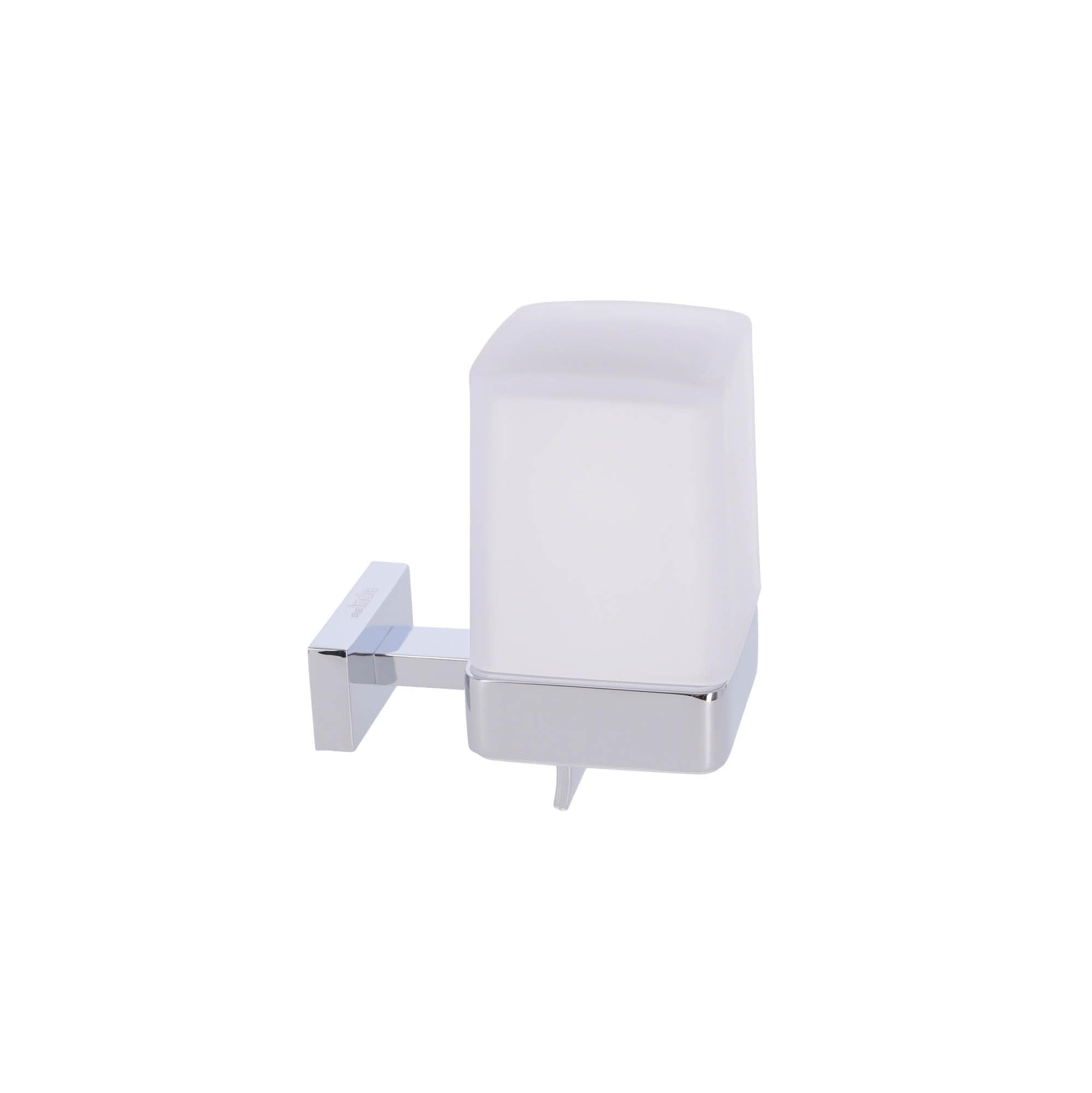 INDA | Jabonera de pared con palanca (6 x 10,7 x 10,6 cm) | Serie Lea, con recipiente de cristal satinado, de latón, fácil de instalar, anticorrosión, diseño esencial - cromado