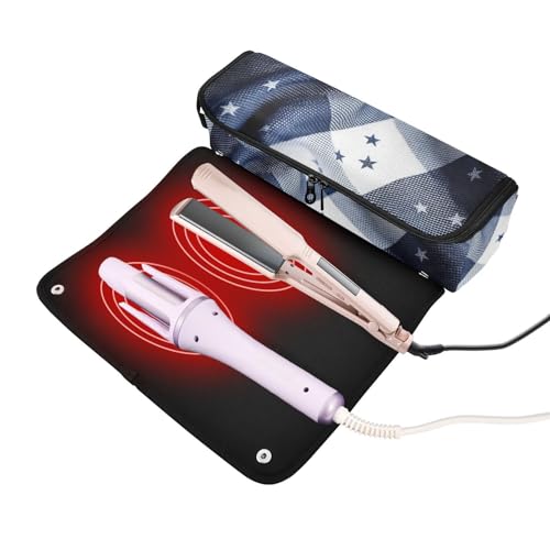 Bolso de Viaje para Herramientas Capilares para Mujer con Alfombra Resistente al Calor, Organizador de Gran Capacidad para Planchas de Pelo, Rizadores y Secadores, Estampado Indigo Gingham con Campana de la Libertad miniatura 2