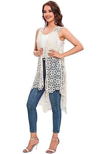 Women's Casual Long Crochet Vest Loose Fit Boho Lace Cover up High Low Sleeveless Cardigan4