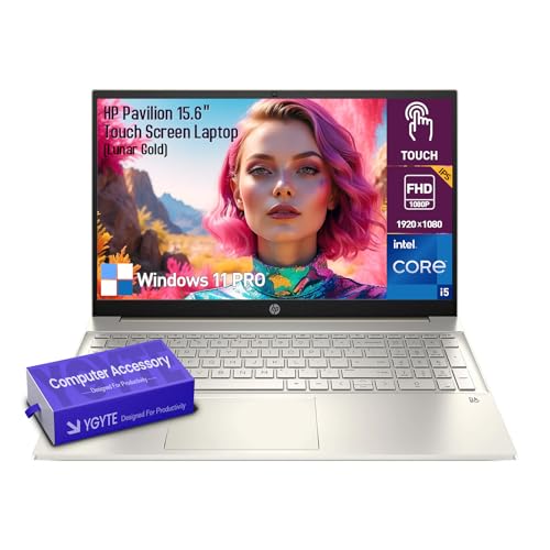 Image of HP Pavilion 15 Inch Laptop Touchscreen Computer, 15.6 inch FHD Touch Screen Business Laptop, Windows 11 Pro | 10-Key Number Pad | Lunar Gold | Intel Core i5 • 64GB RAM 2TB SSD