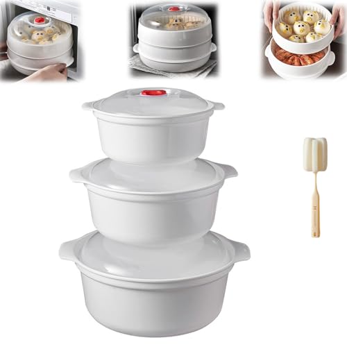 Vaporizador de horno microondas, vaporizador de horno microondas de una sola o doble capa con tapa y bandeja, diseño de almacenamiento de agua en capas para postres y verduras al vapor (S+M + L)