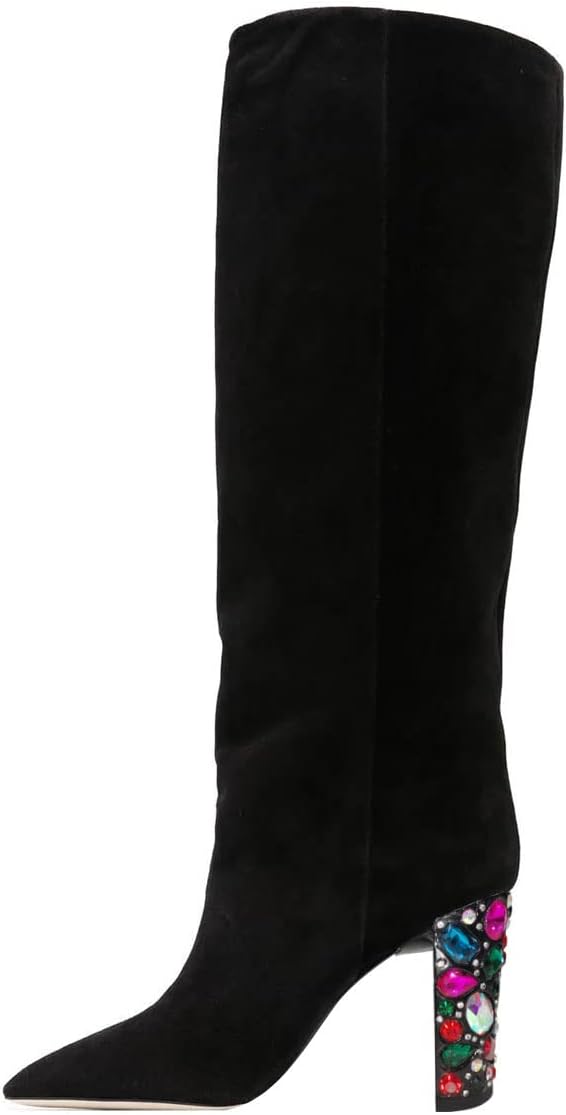 YDN Women Pointed Toe Over The Knee Boots Block High Heel Thigh High Boots Rhinestone Studded Fashion Shoes Size 4-15 US