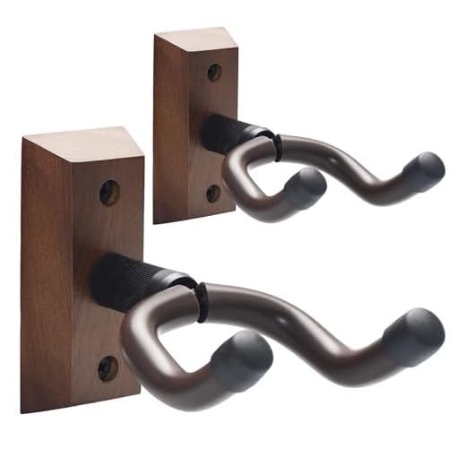 QinyOulhause Juego de 2 Soporte Guitarra Pared en Madera de Nogal Negro, Colgador Guitarra Pared Universal con Gancho Suave Ajustable para Acústica, Eléctrica, Bajo, Banjo y Mandolina