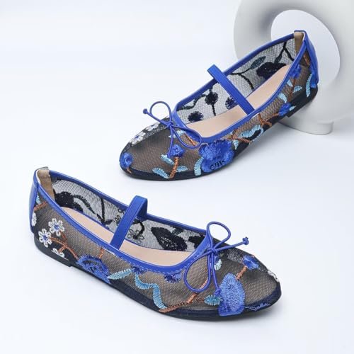 Hee grand Mesh Ballet Flats for Women Floral Embroidered Round Toe Ballerina Shoes Elastic Straps Mary Jane Flats Big Size2