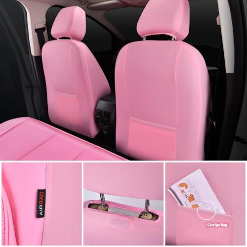Image of CAR PASS Pink Leather Seat Covers Full Set Universal Water Resistant 3D Foam Back Support, Luxury Comfort Automotive 5 Seat Covers for Women All Season Fit SUV,Sedan,Van, Airbag Compatible Pink