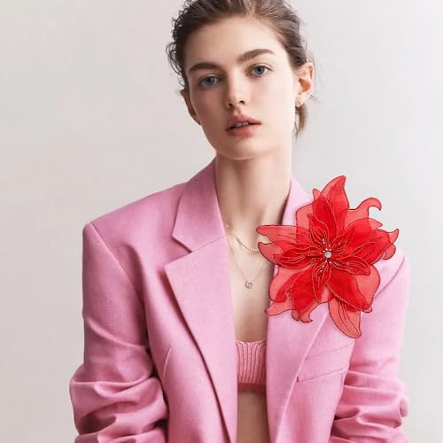 Image of Exaggerated Organza Fabric Flower Brooch Pin for Women Girls Fashion Dainty Layered Big Beaded Corsage Boutonniere Brooches Lapel Pins Delicate Wedding Birthday Holiday Dress Accessories Jewelry Gift