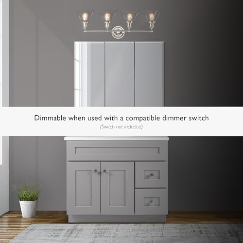 Image of Design House Augustin Vanity Light, 4-Light, Seeded Glass Warm Glow, Dimmable, Up /Down Glow, Easy Installation, E26 Socket, Satin Nickel, 34.9 in L x 8.3 in D x 11.1 in H, 589044-SN
