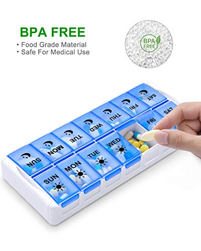 Image of Weekly Pill Organizer 7 Day 2 Times a Day Extra Large, Quick Fill 2020 Fullicon AM PM XL Daily Pill Cases Pill Box with Detachable Base - White /Blue (Patent Registered) (Pack of 2)