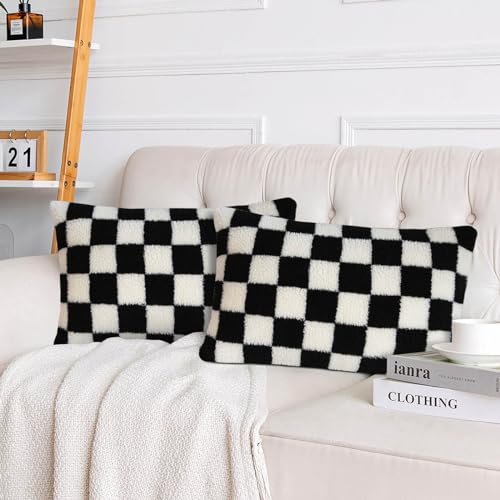 AmHoo Pack of 2 Decorative Throw Pillow Covers Checkerboard Luxury Super Soft Faux Fur Wool Set Case Cushion for Couch Sofa Bedroom 12 x 20-Inch Black