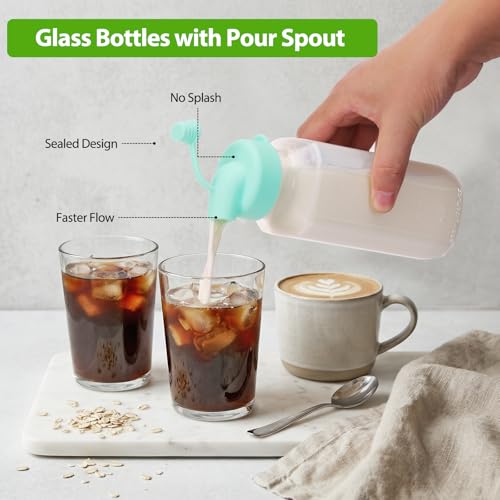 Image of CUCUMI 6 Pack 16 Oz Glass Milk Bottles with Lids, Glass Juice Bottles with Scale & Silicone Pour Spout, Reusable Juice Containers Square Drinking Jars for Milk, Coffee, Smoothies, Water