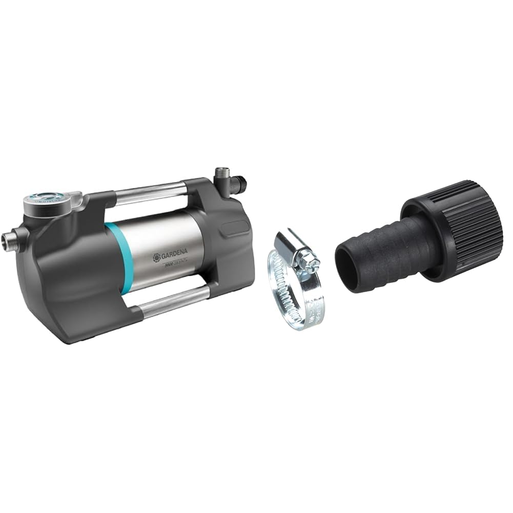 Gardena Gartenpumpe 5600 Silent+ & Saugschlauch-Anschlussstück 25 mm (1 Zoll): Pumpen-Anschlussstück mit Schlauchklemme zum vakuumfesten Anschluss an den Saugschlauch (1724-20)