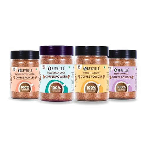 Bevzilla 50 Grams X 4 Flavoured Instant Coffee Powder Pack Box of Colombian Gold, Hazelnut, Vanilla & Butterscotch | Arabica Beans|Perfect for espresso, latte & cappuccino| Enjoy Hot & Cold Bews