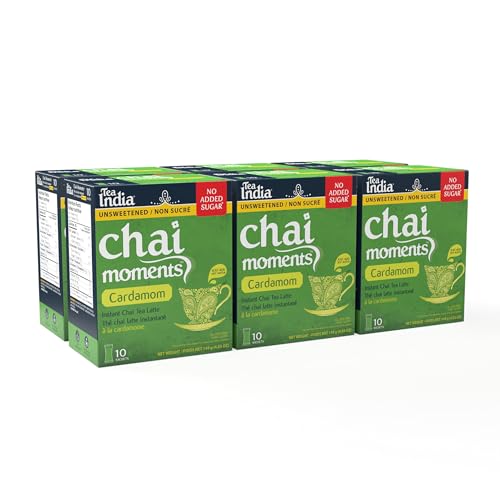 Tea India Chai Moments Unsweetened Cardamom Chai Tea Instant Latte Mix Flavorful Blend Of Premium Black Tea, Cardamom & Natural Ingredients Traditional Indian Tea Individually wrapped 10 Sachets Pack of 6