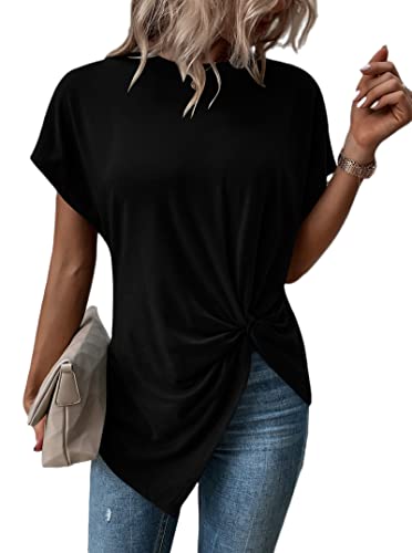 【UJOH】Hem Knot Half Shirts Remidoo Women's Asymmetrical Hem Round Neck Short Sleeve Twist