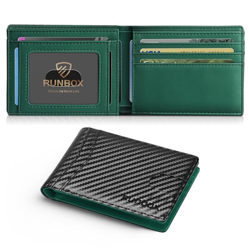 RUNBOX Wallet for Men Slim Credit Card Holder Leather RFID Blocking Small Thin Men's Wallet Bifold Minimalist Front Pocket Large Capacity Gift Box, Carbon Black N Green(one-pocket), Minimalist