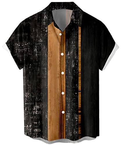 Deer Lady Mens Bowling Shirt Short Sleeve Casual Button Down Shirt Printed Beach Shirts Bowling Wood XXL