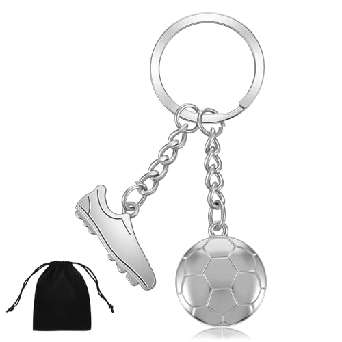 Ouligay Llavero de fútbol, regalos para niños, regalo de fútbol, color plateado, llavero para zapatos de fútbol y pelota, llavero para aficionados al fútbol, hombres y mujeres