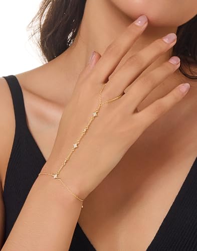 Gold Bracelets for Women 14K Gold Plated Hand Chain Bracelet Dainty Trendy Ring Chain Bracelet Charm Link Adjustable Cubic Zirconia Hand Bracelets Jewelry Gifts for Women
