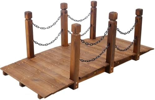 LuckyNote】5 FT Wooden Garden Bridge, Stained Wood Arc Footbridge with Chain Railings for Backyard Creek Farm, Decorative Pond Bridge, Easy to Assemble (Brown) 400 Lbs Capacity 59x26.4x20.6 Inch