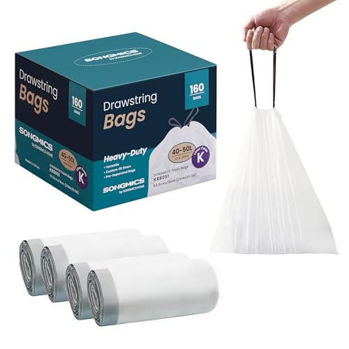 SONGMICS Trash Bags for 13-Gallon (50 L) Trash Cans, Drawstring Kitchen Garbage Bags, Pre-Separated, Quick-Dispense Box, Liner Code K, 4 Rolls, 160 Co