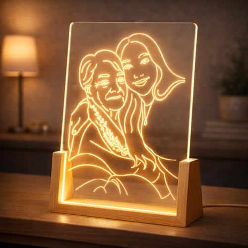 DEREGALOOS Lámpara Personalizada con Dibujo de Silueta. Placa de Metacrilato con Ilustración Line Art y Base de Madera LED. Regalo Original y Decoración Moderna. Luz de Noche Artística Minimalista