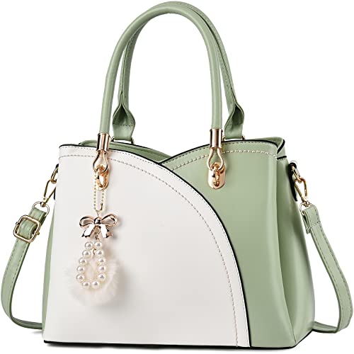 I IHAYNER Womens Leather Handbags Purses for Girls Top-handle Large Totes Satchel Shoulder Bag for Ladies with Pompom Green