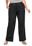 ellos Plus Size Linen-Blend Elastic Waist Drawstring Relaxed Pant - 18, Black