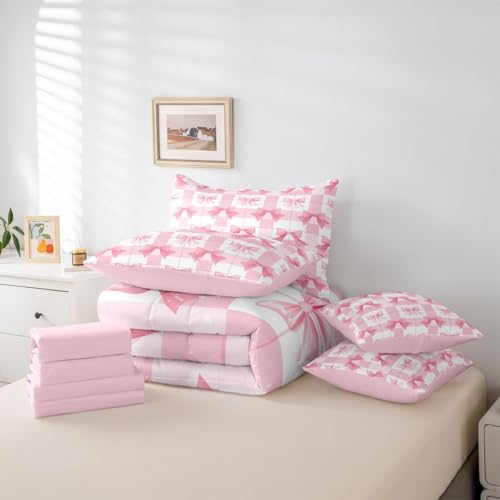 Image of Pink Bow King Size Comforter Set with Sheets | Cute Ribbon Bowknot 7 Piece Bedding Set Princess Bow Tie Bed in a Bag, Dreamy Pink Plaid Bowknot Room Decor,Kawaii Room Decor Aesthetic